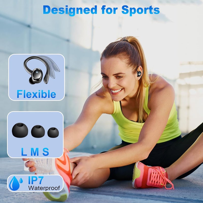 Hupoaf Wireless Earbuds Sport, New Bluetooth 5.4 Headphones with Earhooks, 50H Stereo Deep Bass Over Ear Buds with 4 ENC Noise Canceling Mics, IP7 Waterproof Earphones for Running Workout Gym -Black - Image 5
